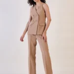 Brown Notch Collar Waistcoat Top With Pants