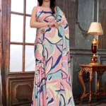 Digital Satin Print Saree Pink Blue